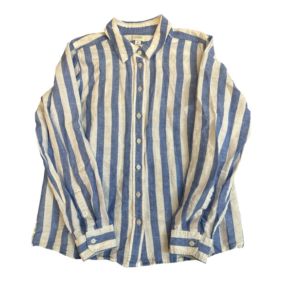 J Crew Linen Shirt M Blue White Stripe Long Sleeve Oxford Collar Preppy Beach - Picture 3 of 8